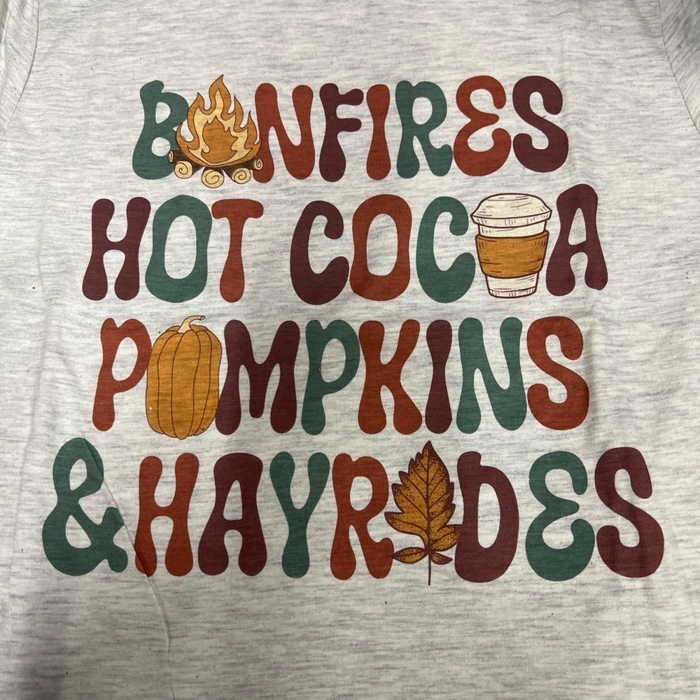 Bonfires Hot Cocca Pumpkins Hayrides NEW FALL short sleeved T-shirt - Picture 2 of 4